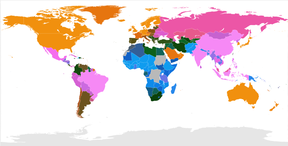 A world map in different colors. Similar colors represent similar attributes. Northern parts of America, central Europe, and Australia share similar orange colors, another group in pink colors are South America and Asia. A third group, consisting mainly of African countries, is shown in shades of blue.