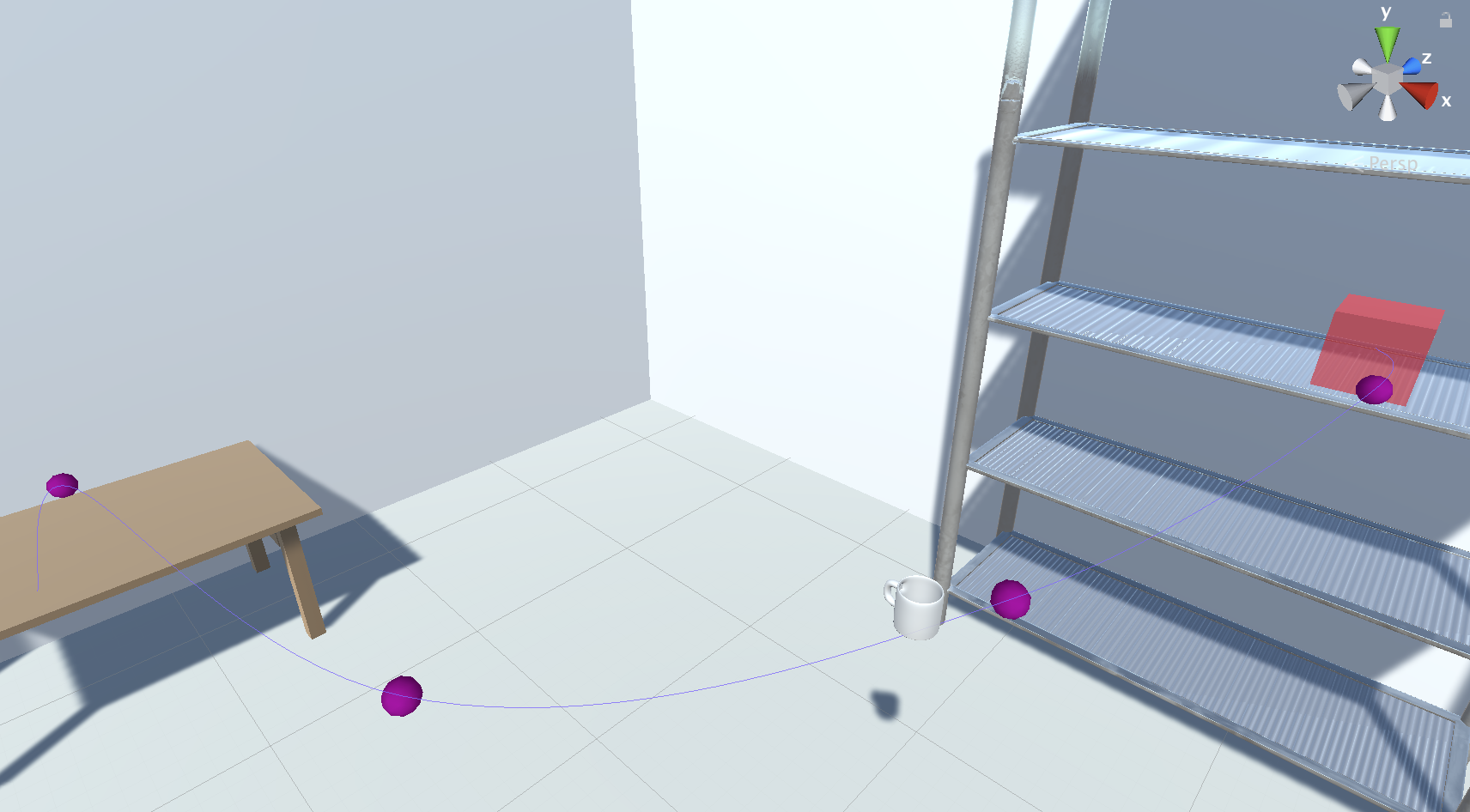 A simulated cup follows a trajectory denoted with purple spheres from a table to a shelf.